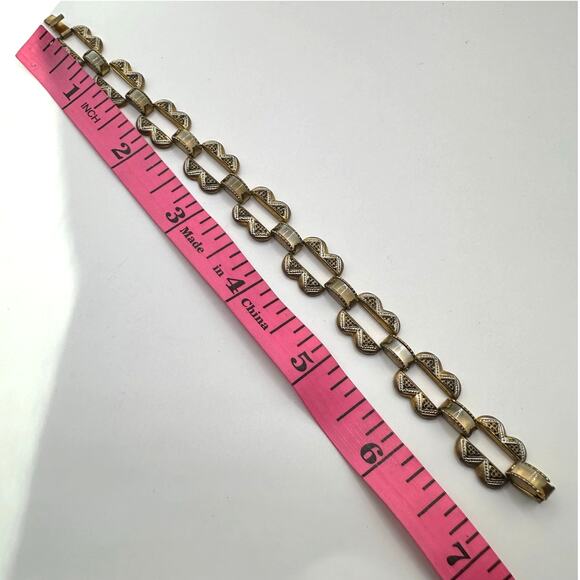 Vintage Bracelet 7" Spain Damascene Mother of Pearl Link Etched Copper Retro - Picture 4 of 11